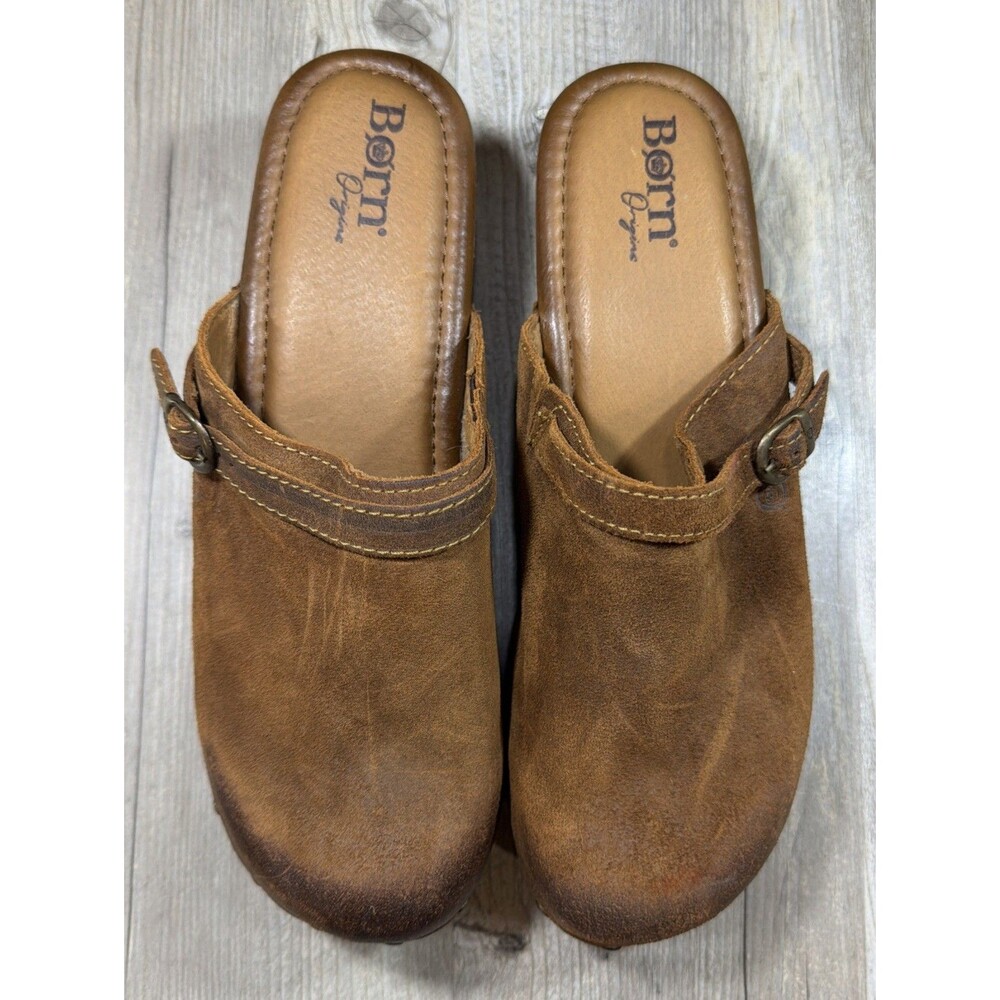 BORN Brown Leather Suede Mules Stdded Clogs Wedge Platform Shoes TOBY Size 11M